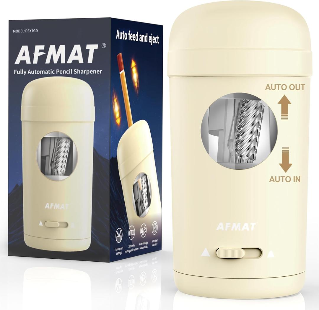 AFMAT Electric Pencil Sharpener, Fully Automatic Pencil Sharpener for 7-8mm Pencils & Colored Pencils, Auto in & Out, Rechargeable Vertical Hands-Free Sharpeners for Classroom/Home/Office PSX7(Beige)