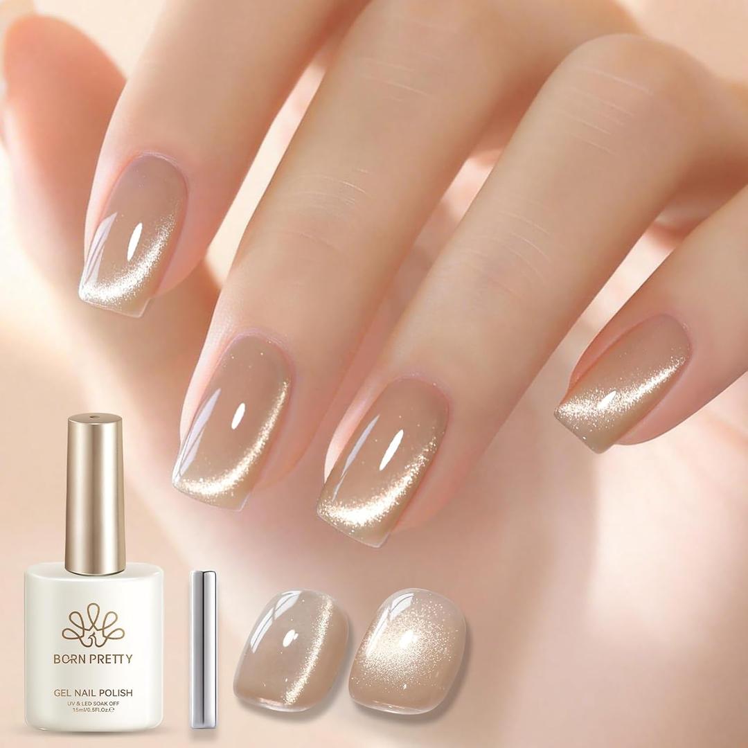 Born Pretty Glassy Nude Cat Magnetic Eye Gel Nail Polish,Glitter Nude Light Brown Jelly Translucent Magnetic Gel Polish,Soak Off U V LED Gels Nail Art Design Salon DIY Home 15ML