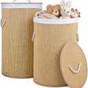 2 Pack Bamboo Laundry Hamper with Lid, Tall Storage Basket
