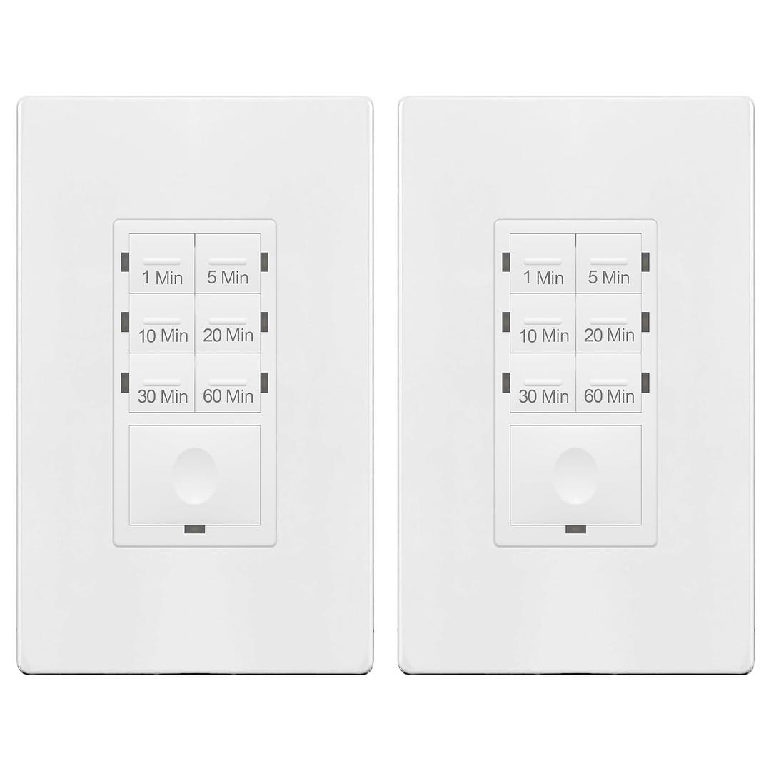 ENERLITES 1-Hour Light Switch Timer, Countdown Wall Timer for Bathroom Fans, Heaters, No Neutral Required, 1-5-10-20-30-60 Min, 120VAC 800W, UL Listed, HET06-J6-W, White, 2 Pack