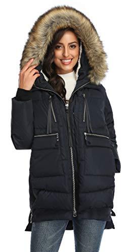 FADSHOW Women's Winter Thickened Down Jackets Long Down Coats Warm Parka with Fur Trimmed Hood,Navy,M