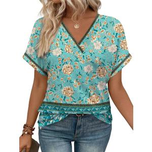 WIHOLL Womens Summer Tops Short Dolman Sleeve Shirts 2026 Fashion V Neck Outfits Clothes (Blue, L)