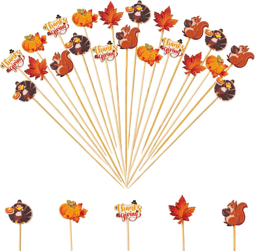 240pcs Fall Cocktail Picks Autumn Theme turkey squirrel pumpkin maple leaf Bamboo Cocktail Toothpicks Fruit Sticks Sandwich Appetizer Charcuterie Skewers for Thanksgiving Day Decorations Party