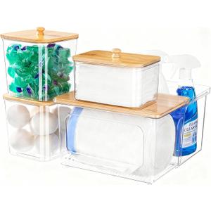 Trash Bag Dispenser Dishwasher Pod Holder - 5 in 1 Plastic Garbage Bag Under Sink Organizer, Acrylic Dryer Sheet Balls Laundry Pods Container with Bamboo Lid, Pantry Organizers and Storage Box