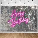 Withu Silver Sequins Pink Neon Happy Birthday Backdrop for Photography Shining Flash Stars Shimmer Wall Decoration Banner Princess Girls Women Bday Party Background 8x6ft