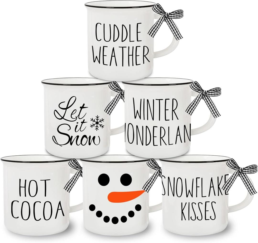 Whaline 6Pcs Winter Mini Coffee Mug with Ribbon Tiered Tray Decor White Snowman Drinking Mug for Winter Christmas Table Centerpieces Decorations Housewarming Gift