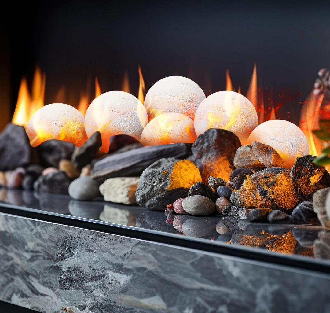 Sasylvia 6 Pcs Ceramic Fire Balls Fire Pit Balls, White Fireplace Round Stones Modern Accessory for Indoor and Outdoor Gas Fireplace (5 Inch Size)