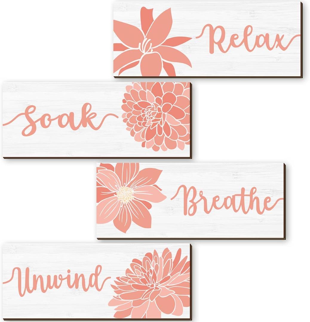 Yulejo 4 Pieces Elegant Bathroom Wall Decor Sign - Coral Accessories, Relax Soak Unwind Breathe Wall Art, Farmhouse Rustic Wood Plaque for Spa Bedroom (Pink)