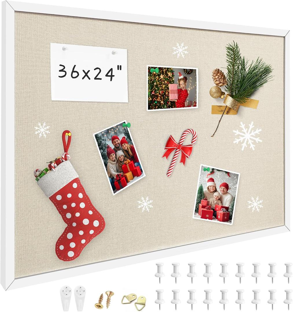 24x36 Inch Cork Board for Wall Hanging with Linen, Bulletin Board with Push Pins, Mounted Memo Message Board for Home Office Decor, Dorm Room Essentials, Classroom Organization
