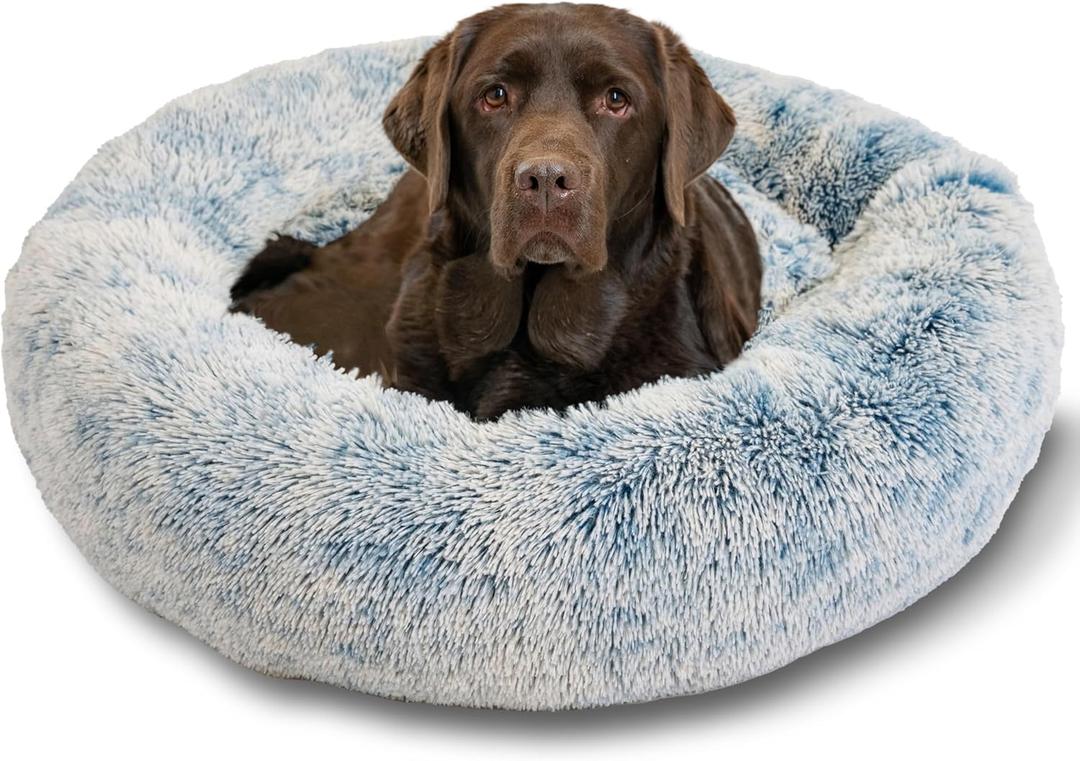 Best Friends by Sheri The Original Calming Donut Dog and Cat Bed in Shag Fur, Denim Blue, Large, 36x36 (36.0"L x 36.0"W x 9.0"Th, Denim Shag)