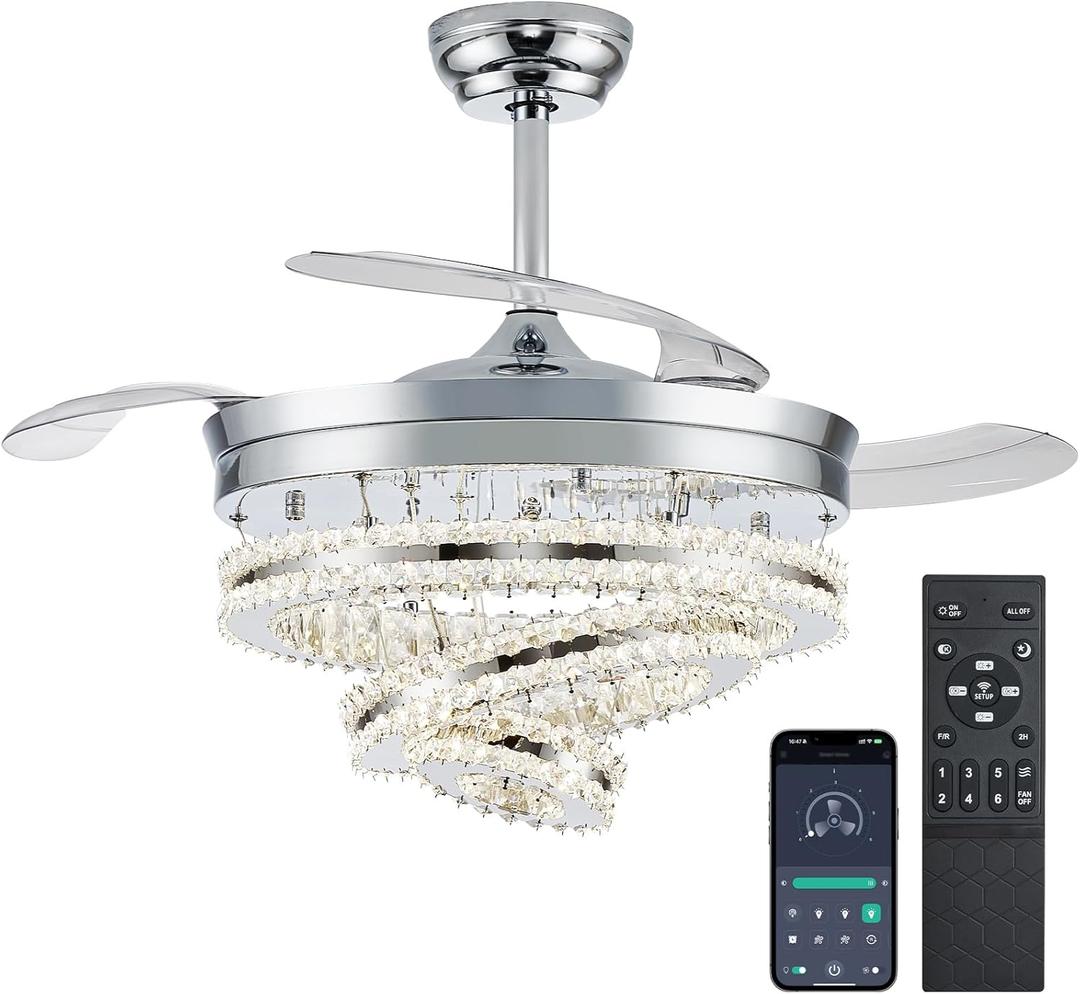 Modern Fandelier Ceiling Fans with LED Light and Remote APP Control, Crystal Chandelier Fan Retractable Blades Quiet DC Motor for Bedroom, Living Room, 42 Inch Blade Span (ChromeA)