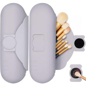 Silicone Makeup Brush Holder with Cleaning Pad - Travel Brush Organizer Case, Magnetic Closure Waterproof Cosmetic Bag for Easy Storage & On-the-Go Cleaning (9.05 Inch) (Purple)