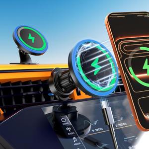 MagSafe Car Mount Charger, 3 in 1 [LED RGB HandsFree] Wireless Car Charger, Magnetic Phone Holders for Your Car- Fast Charging Car MagSafe Charger for iPhone 17/16/15/14/13/12 Series, for Men Women (Black)