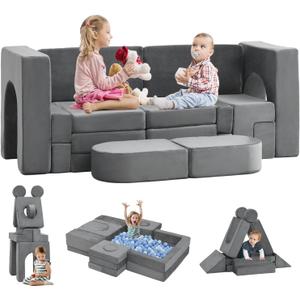 22Pcs Modular Play Couch, Floor Sofa 1000+DIY Creativing Playroom Furniture, Convertible Foam and Floor Cushion for Boys and Girls, Grey Black