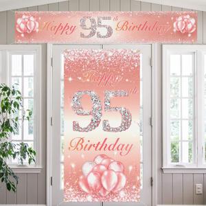 Happy 95th Birthday Door Cover Porch Long Banner Sign Set 95 Years Old Birthday Decorations Party Supplies for Women Rose Gold