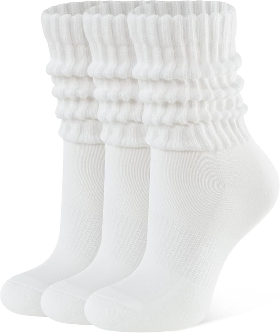 CLOSEMATE Womens Scrunch Crew Socks Retro Soft Cotton Cozy Slouchy Socks for Sneakers Boot 3 Pairs (White)