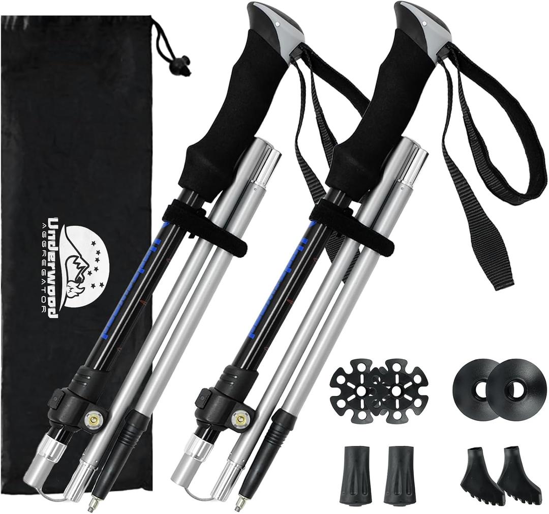 Trekking Poles Collapsible Hiking Poles - 2 Pack Aluminum Hiking Sticks, Lightweight Walking Sticks for Seniors, Men, Women Balance, Tri-Fold Walking Poles for Backpacking by Underwood Aggregator (110-130cm, Black)