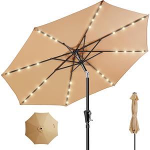 HOMSHADE 9ft Solar Patio Umbrella - Solar Lights LED Lighted Outdoor Market Table Umbrella, UPF50+ UV Protection with Push Button Tilt, Crank for Pool Deck and Garden (Beige)
