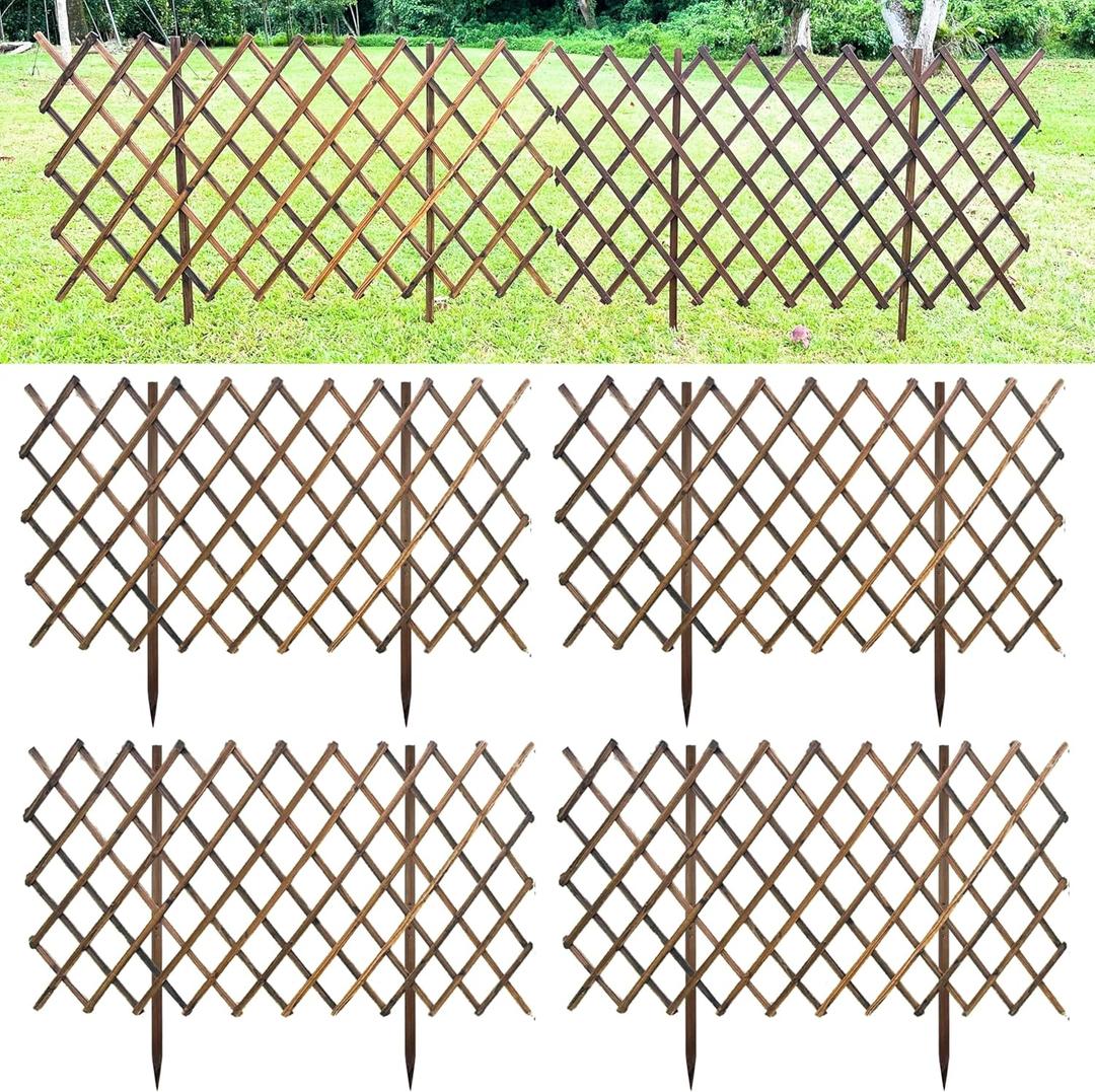 ShopLaLa Garden Fence (4 Pack, Total 24ft (L)) Wooden Lattice Panels for Outside Flower Edging for Yard Lawn Landscape Porch Patio Outdoor Decor, Expandable Wood Plant Trellis Fences and Gate for Dogs
