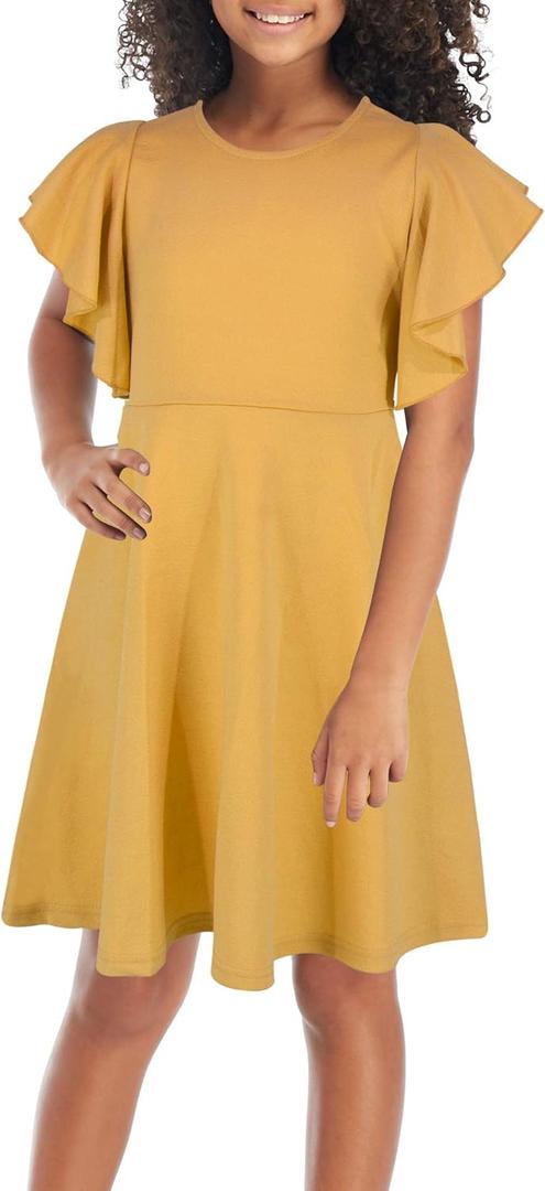 GORLYA Girl's Flutter Sleeve Stretchy A-Line Swing Flared Skater Party Dress with Pockets for 4-12 Years Kids (Yellow)