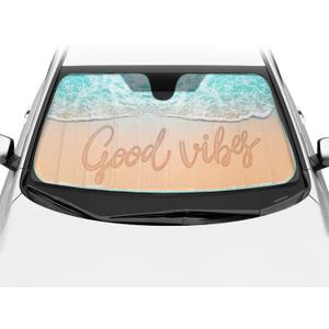 BDK Good Vibes Beach  Parasol para parabrisas delantero, plegable en acorden, para automvil, camin, todoterreno, bloquea los rayos UV, protector de visera, mantiene tu vehculo fresco, de 58 x 27 pulgadas, nmero de modelo: AS-781