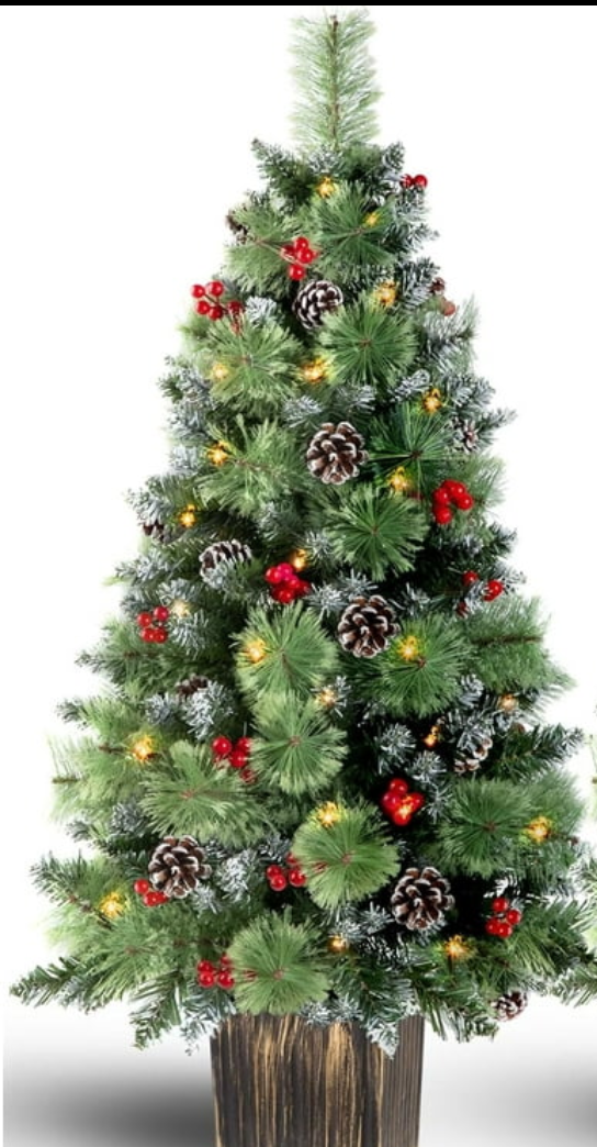 Jin&Bao 4FT Potted Christmas Tree with 100 Lights, Artificial Christmas Tree Outdoor Decor 8 Mode Timer Waterproof with Round Pine Cones & Red Berries for Front Door, Porch, 1 Pack