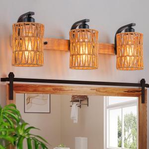 Boho Vanity Light Fixtures,Bathroom Lights Over Mirror,Rustic Rattan Wall Sconce with Woven Cage,3-Light Boho Wall Mounted Light Wooden Farmhouse Vanity Lighting for Bedroom Hallway Living Room Foyer (Cylinder shade)