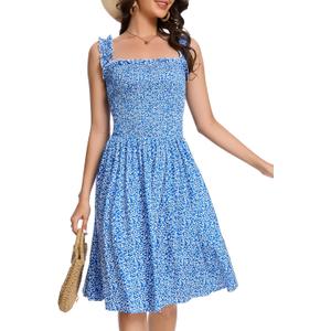 Floral Print Sundress for Women Square Neck Sleeveless Smocked Flowy Mini Short Boho Summer Dresses (Large)