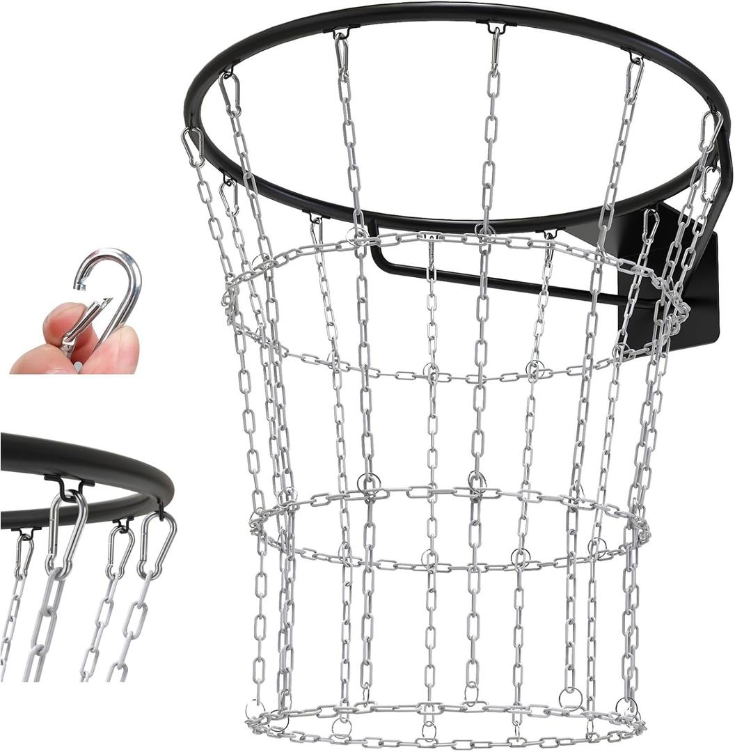 KingDolly Heavy Duty Chain Basketball Net, Rust-Proof Carbon Steel Metal Basketball Net Replacement with 12 Hooks for Tool-Free Quick Installation, Universal Fit for Outdoor/Indoor Basketball Hoops