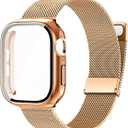Waterproof Stainless Steel Milanese Band with Case Compatible for Apple Watch (Rose Gold, 45mm-Series 9 8 7)