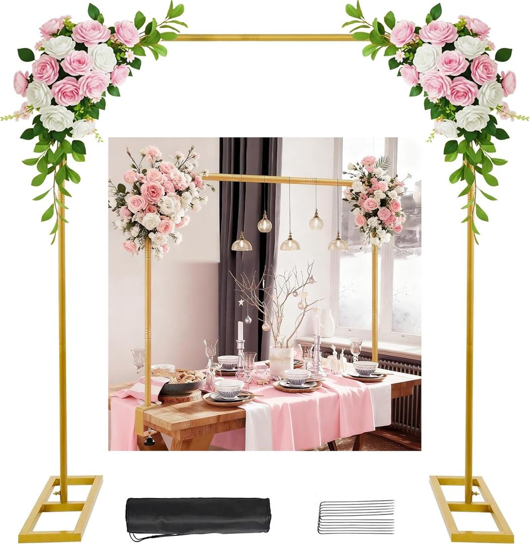 OurWarm 8.2 Ft Adjustable Wedding Backdrop Stand, 2-in-1 Floor Arch & Over-the-Table Rod, Gold Metal Square Background Frame, Photo Backdrop Balloon Arch Stand for Birthday Party Baby Shower Decor