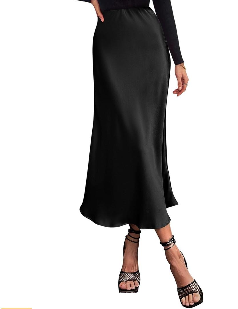 PRETTYGARDEN Women's Satin Skirts Dressy Casual 2026 Fall High Waisted Cocktail Wedding Flowy Elegant A Line Midi Skirt ,Size L
