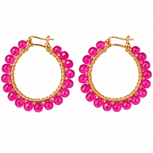 Bohemian Hot Pink Beaded Hoop Earrings with Gold-Tone Accents