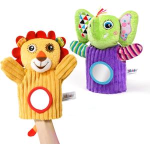Jollybaby Hand Puppets Baby Toy 0-6-12 Months, Plush Stuffed Animal Hand Puppets Toys for KidsSensory Doll with Rattle and Mirror for ToddlerSocial Emotional Play Therapy Toys for Boy Girl Gift