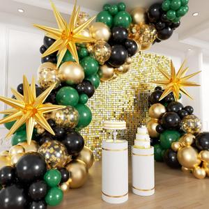 Green and Gold Black Balloon Arch Kit, 201Pcs Explosion Star Emerald Forest Dark Green Metallic Gold Black Balloons Garland for Birthday Baby Shower Jungle Graduation Prom Party Decorations