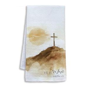 Shrago He is Risen Easter Kitchen Towels, Christian Easter Dish Tea Towels for Kitchen, Matthew 28:6 Bible Verse Decorative Hand Towel for Bathroom Decor, 16x24 Inch