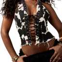 Floerns Women's Western Cow Print Denim Tops Tie Zipper Sleeveless Backless Halter Top, XL