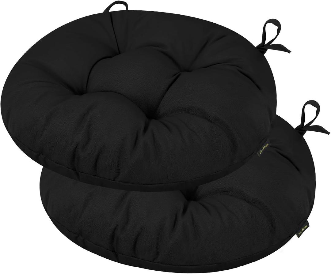 idee-home Outdoor Bistro Chair Cushions, 15x15x 4 Thick Outdoor Round Seat Cushions Set of 2 Tufted with Ties, Waterproof Round Patio Furniture Pads for Garden, Black