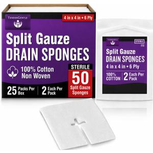 Split Gauze Sponges 4x4 Sterile [Pack of 50] 6 Ply Feeding Tube Pads - Drain Sponges for Catheters, IVs, Tracheostomy, and G Tubes