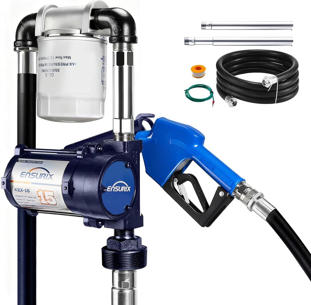 12V Fuel Transfer Pump 15 GPM, Diesel Transfer Pump 12 Volt with Auto Shut Off Nozzle, Hose & Filter, Electric Gasoline Transfer Pump Kit for Fuel Tank, Gasoline, Diesel, Kerosene