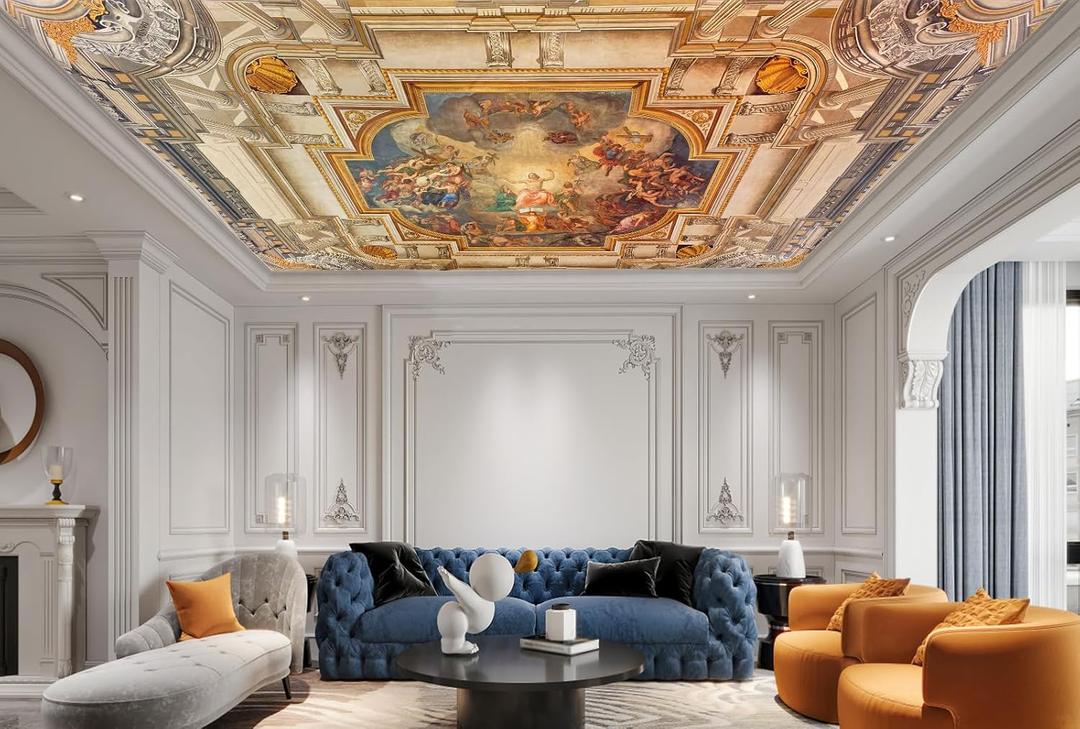 Gold Rome Church Ceiling Wallpaper Mural Renaissance Art Wall Mural Baroque Art Wall Decoration for Bedroom Living Room (Not Self-Adhesive) (127" x 96")