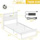 Elephance Twin Bed Frames with Charging Station and LED Lights, Metal Bed Frame with 2-Tier Storage Headboard, No Box Spring Needed, Noise Free, Easy Assembly