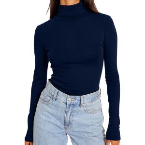 Trendy Queen Women's Turtleneck Long Sleeve Shirts Fall Fashion Basic Thermal Underwear Tops Winter Clothes 2025 (Medium, Navy)