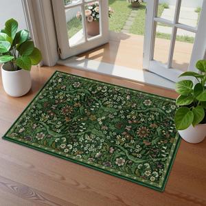 Floral 2x3 Entryway Rug,Washable Front Door Mat Indoor Non Slip Low Pile Small Carpet, Soft Green Boho Botanical Throw Rug for Bathroom Bedroom Kitchen Laundry Indoor Entrance