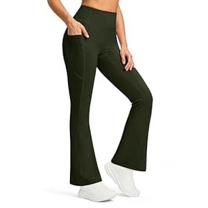 G Gradual Fleece Lined Leggings for Women No Front Seam High Waist Thermal Flare Pants with Pockets for Winter, Hiking, Yoga (Dark Green, M)