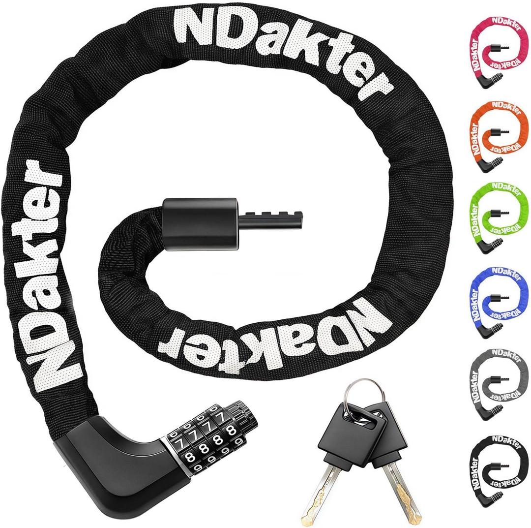 NDakter Upgrade Bike Chain Lock with 4 Digit Combination and 2 Keys, 3.2/4.28 Ft Heavy Duty Anti-Theft Bicycle Lock, 2 Ways to Unlock High Security Scooter Locks for Ebike, Escooter, Door (4.28 Feet Long, 6 mm Thick, Black)