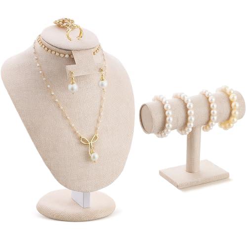 RattanView 2 Pcs Jewelry Display Set Necklace Mannequin Bust T Bar Bracelet Holder for Earring Necklace Ring Display