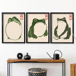 Houmury Set of 3 Framed Japanese Frog Wall Art Decor Vintage Wall Signs Cute Minimalist Decors (Black)