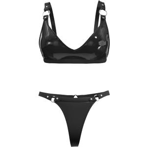 Women Sexy Leather Lingerie Set, High-Elastic Shorts, Glossy, Shiny Shaping Latex Bra Adjustable (XX-Large, Black)