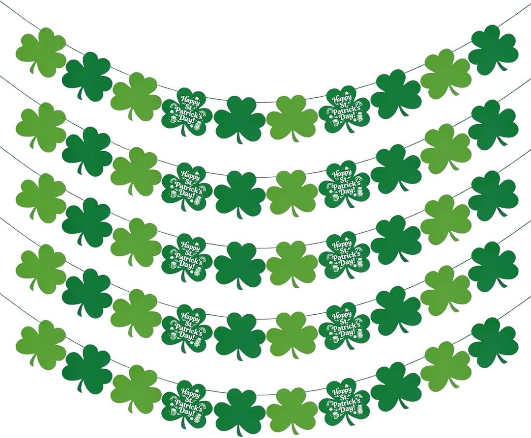 St Patricks Day Decorations - 5 Pack Shamrock Clover Garland Banner - NO DIY Felt Hanging Banner for Home, Mantel, Office, Irish Party Supplies, Wall Fireplace Decor